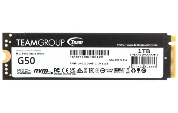 SSD накопитель M.2 TEAMGROUP T-FORCE G50 [TM8FFE001T0C129] 1000 ГБ