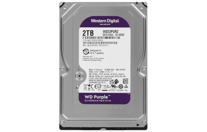 Жесткий диск WD Purple WD Purple WD23PURZ, 2ТБ, HDD, SATA III, 3.5", 5400 об/мин, 64 МБ